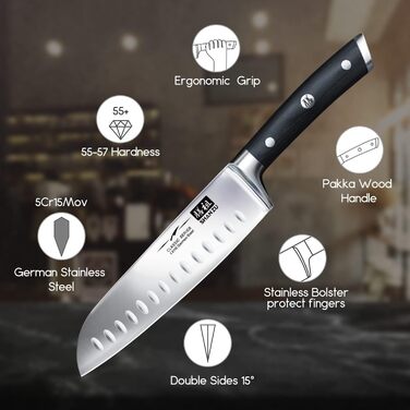 Кухонний ніж Santoku SHAN ZU 18 см з німецької нержавіючої сталі, надгостре лезо, ергономічна ручка, подарункова упаковка