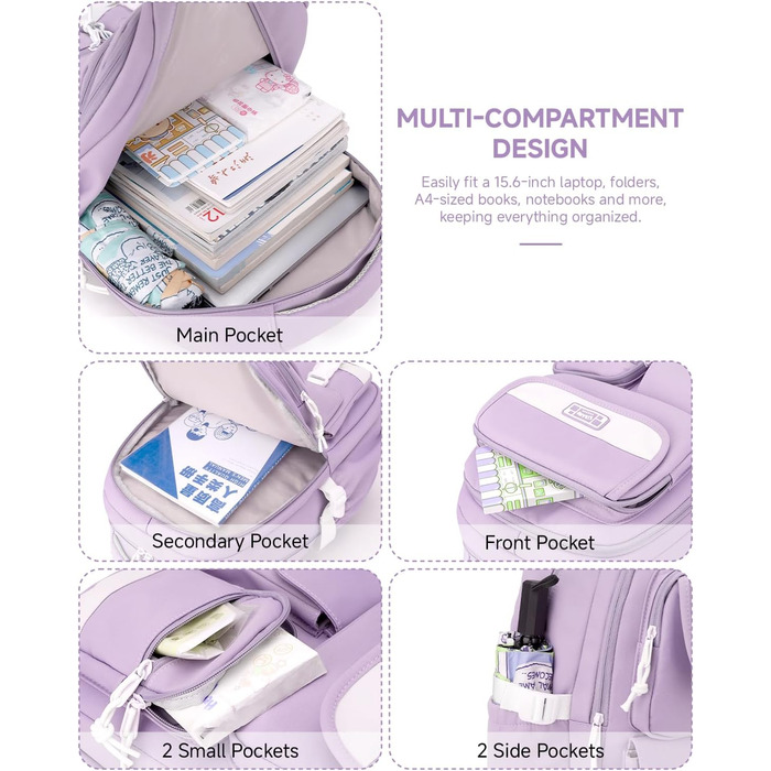 Рюкзак для підлітка, шкільний рюкзак для дівчинки з багатьма відділеннями, для учнів 3-5 класів, середньої та старшої школи, нейлоновий рюкзак для подорожей та відпочинку (фіолетовий)