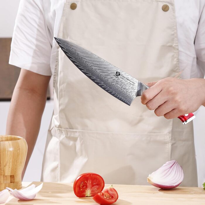 Японський ніж WILDMOK Santoku 20см з дамаської сталі, VG10, ручка з червоного армована синтетичний матеріал