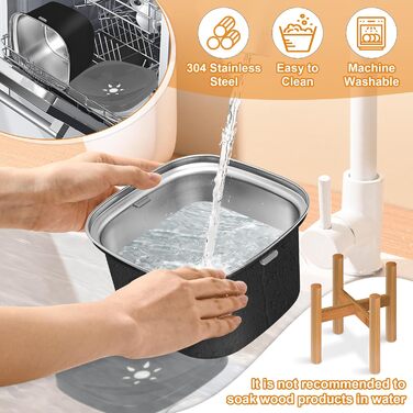Миска для води для собак Decflow 3L з піднятою платформою, нержавіюча сталь, велика місткість, без розливання, міцна бамбукова підставка, для собак маленьких та середніх порід (Чорний)