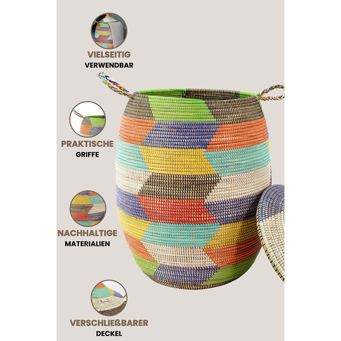 YAADU Laundry Basket with Lid 100L - XXL Laundry Collector, Large Laundry Basket, Laundry Container, Laundry Bin, Basket with Lid, Laundry Boxes, African Basket, Ubuntu Model (Colorful)