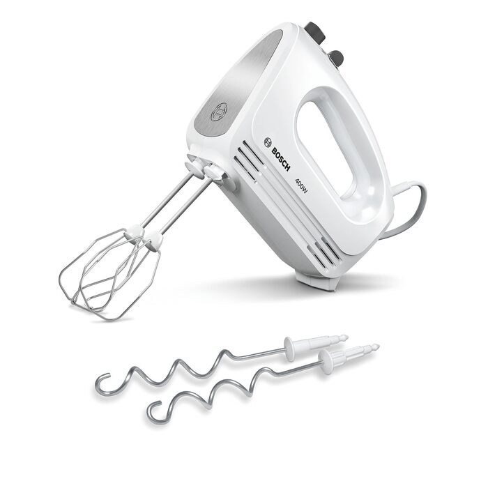Міксер Bosch CleverMixx MFQ24200: 400 Вт, білий, з набором насадок (2 вінчики, 2 гаки), нержавіюча сталь, 4 швидкості, турбо-режим, легкий, тихий, для кухні