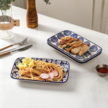 Набір сервірувальних тарілок Selamica Keramik, прямокутні, 4 шт, 24 см, для закусок, суші, фруктів, вінтажний блакитний колір