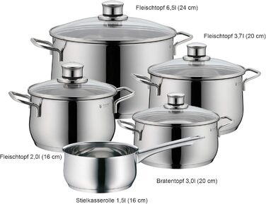 Набір каструль WMF Diadem Plus 5 предметів для індукції з кришками, нержавіюча сталь, полірована, без покриття, зі сотейником