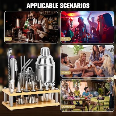 Набір шейкер для коктейлів зі стійкою, 750 мл, 20 предметів, нержавіюча сталь, професійний барменський набір, 4 силіконових підкладки, подарунок для чоловіків, жінок, друзів