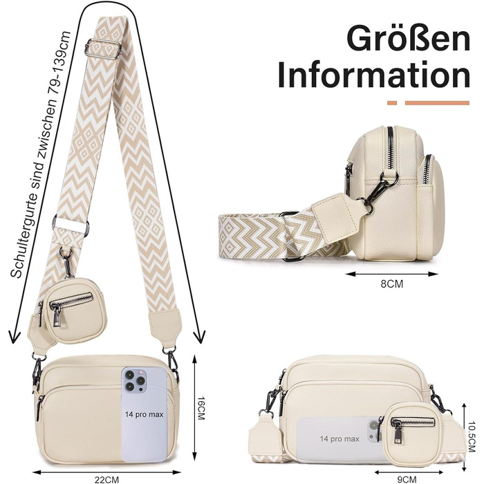 Сумка жіноча через плече крос-боді з PU шкіри бежевого кольору з відстібним ремінцем