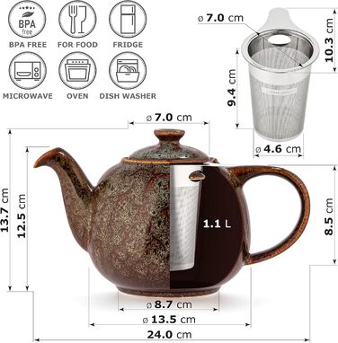 Teapot with infuser, Swansea Sea Green 1.1 L with filter, made of porcelain by URBAN LIFESTYLE, a drip-free teapot. Teapot with infuser, porcelain