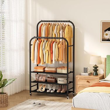 Вішалка для одягу HOMIDEC з 3 полицями, подвійна штанга на колесах, металевий каркас, чорна. Макс. навантаження 80 кг