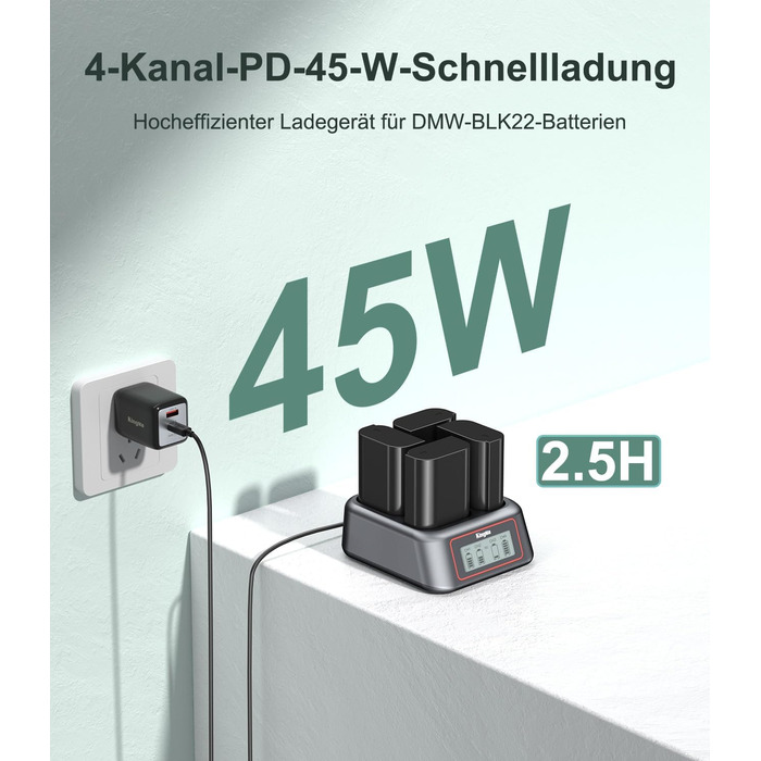 Зарядний пристрій King Ma для акумуляторів камер, 4-канальний, 45W PD, LED-дисплей, сумісний з Sony A7III/A7IV/A7RIII/A7RV/A7C/A7CII/A6700/A9/A9III/A1/ZV-E1/FX3/FX30 (DMW-BLK22)