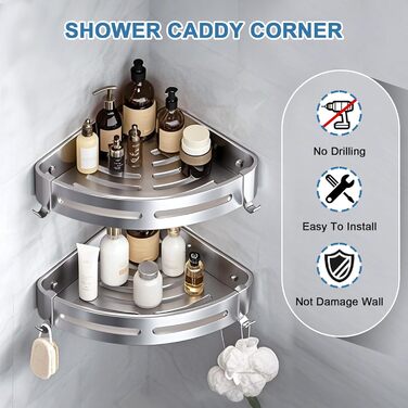 Поличка для душу без свердління, кутова, 2 шт., срібна, алюміній. Органайзер для ванної кімнати з 4 гачками. Підходить для ванної та кухні