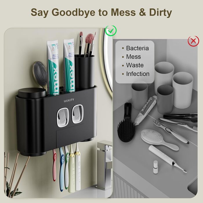 WREWING Toothbrush Holder, multifunctional, wall-mounted, automatic toothpaste dispenser & dust-proof toothbrush holder with 5 brush slots, 4 cups, 2 automatic toothpaste dispensers, 1