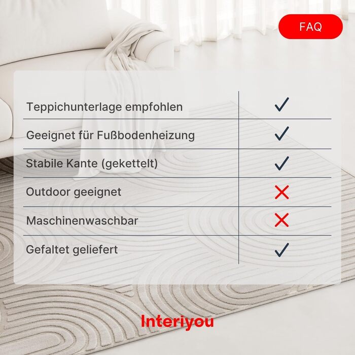 Килим Interiyou для вітальні/спальні/дитячої Cannes, 120x170 см, кремовий - короткий ворс, скандинавський бохо, геометричний малюнок, високий/низький ворс