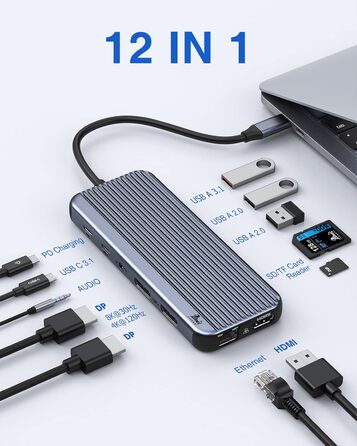 LIONWEI UC3703 Док-станція: Dual DP, Triple Display, USB-хаб 12-в-1 з 8K HDMI, 2 x USB 3.1, 100W PD, Ethernet, SD/TF-кардридер (сірий)