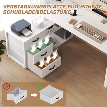 TriumphKey L-Shaped Desk with 3 Drawers & Storage, 140 x 105 x 75 cm - Reversible Corner Desk with USB Charging Ports & Power Outlets, White