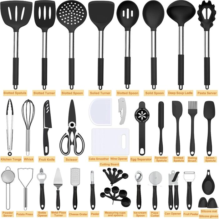 Набір кухонних аксесуарів Umite Chef 43 шт. з силікону, чорний - для антипригарного посуду