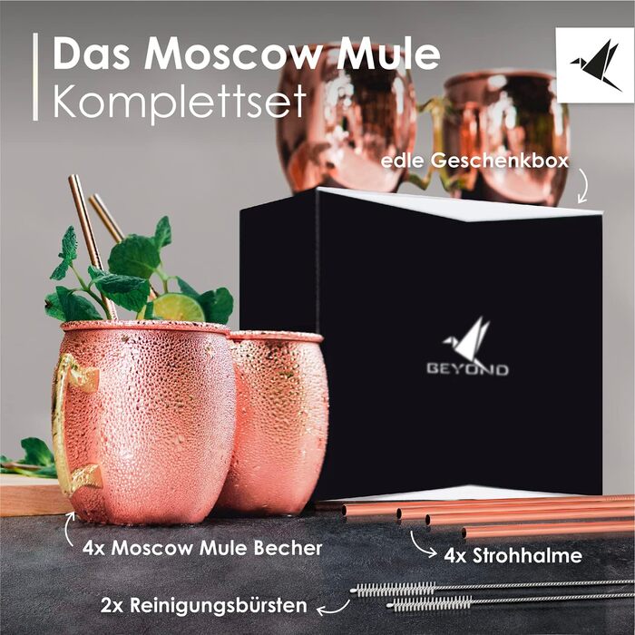 Beyond Moscow Mule Mug Set Copper Mugs - Copper Mugs with Straws & Gift Box | Moscow Mule Copper Cup Set with Traditionally Smooth Finish as a Gin Cup & for Cocktails (Set of 4)