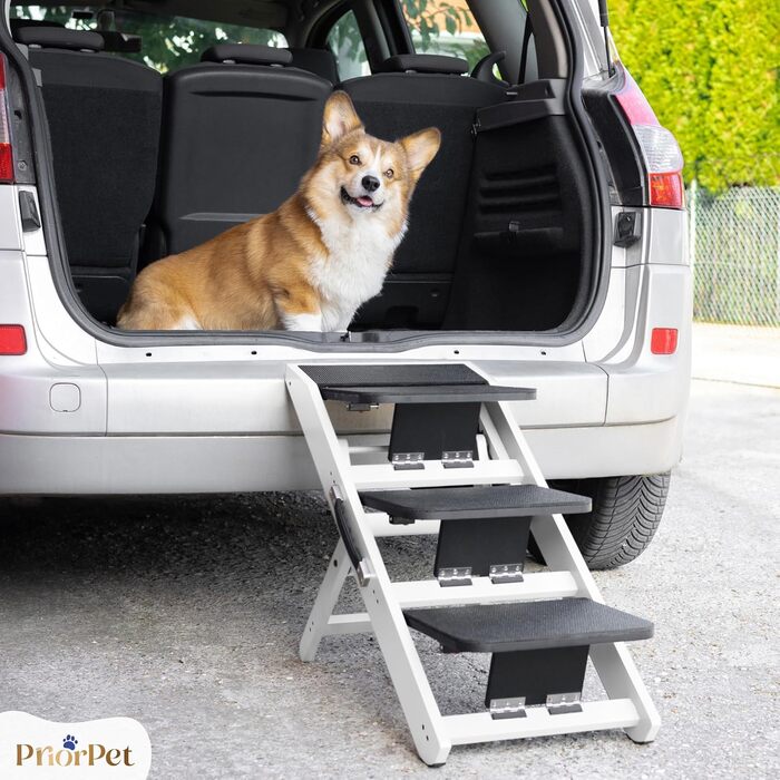 Сходинка для собак на ліжко та диван 2-в-1 - регульована пандус для собак, 18-50 см - для маленьких собак, легка у переміщенні, з платформою, натуральне дерево (білий дуб)