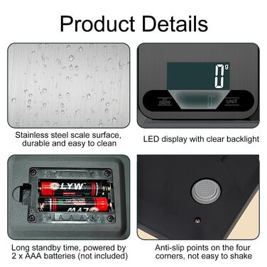 Кухонні ваги Vaolmlop, цифрові, 10 кг, LCD дисплей, багатофункціональні, з нержавіючою сталі, точність 1 г, срібні