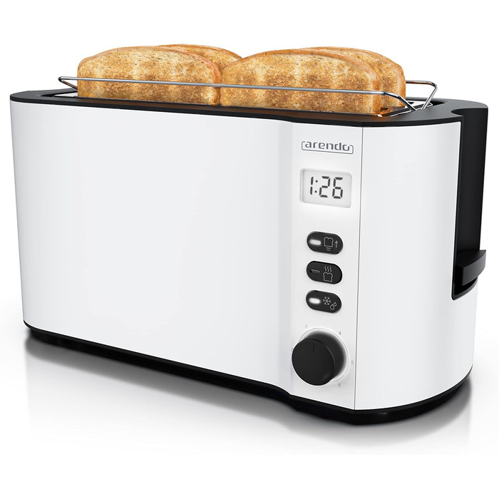 Тостер Arendo з нержавіючої сталі з 4 широкими слотами, подвійними стінками, інтегрованим тримачем для булочок, ступенями підсмажування 1-6, центровкою хліба, автоматичним вимкненням та дисплеєм з індикатором часу. Колір: білий