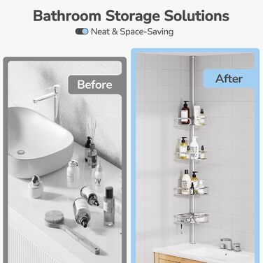 USHOWER Кутова шторка для душу з регульованою штангою, 4-ярусна, з органайзером для шампуню та мила, нержавіюча сталь, 130-307 см, срібляста