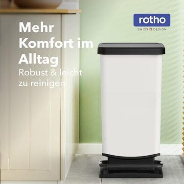 Сміттєвий відро Rotho Paso на 40 л з педаллю та Soft-Close кришкою, сріблястий — для кухні та ванної