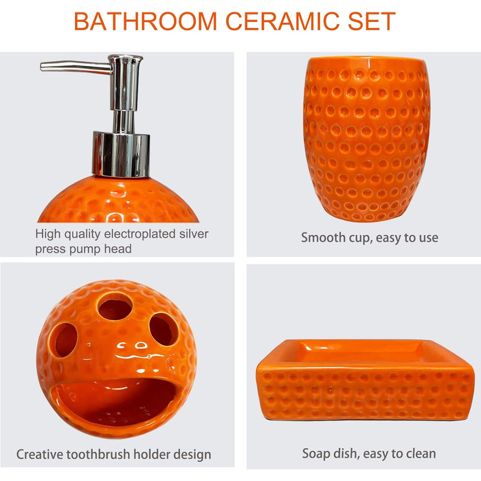 Набір аксесуарів для ванної кімнати, кераміка, оранжевий, 4 шт. (дозатор мила, тримач зубних щіток, чашка, мильниця)