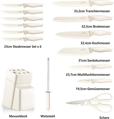 Набір ножів Joyfair 15 предметів з підставкою, з високоякісної вуглецевої сталі, з точильним каменем, для кухні, з кухонним ножем, ножем для хліба, ножицями, для нарізання та подрібнення (білий)