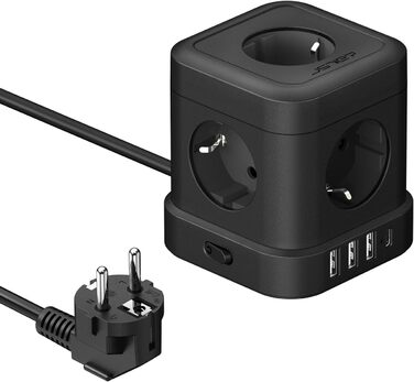 Сетевой фильтр JSVER Cube 5-fach с USB, 2м кабель, белый/черный. 3680W, 16A, 4 USB зарядки (17W) для офиса, дома, в дорогу.