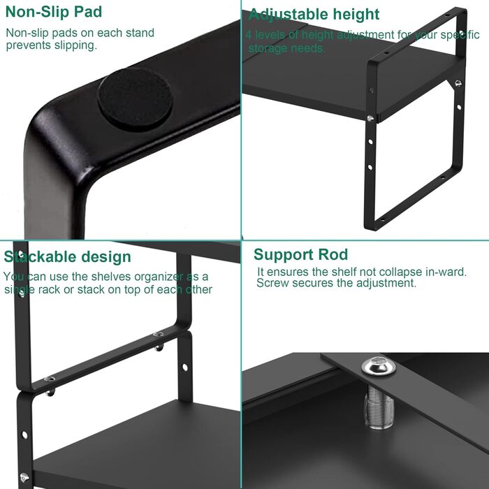 iPEGTOP Pull-Out Shelf, 2 Pack, Heavy-Duty Steel, Adjustable Height, for Home, Office, Pantry, Kitchen, Countertop, Size L, Black