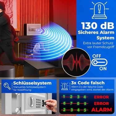 Електронний сейф KESSER® 35x25x25 см, з батарейним відсіком, подвійним замком, для підлоги/стіни, сталевий, з кодовим замком (Срібний, M)
