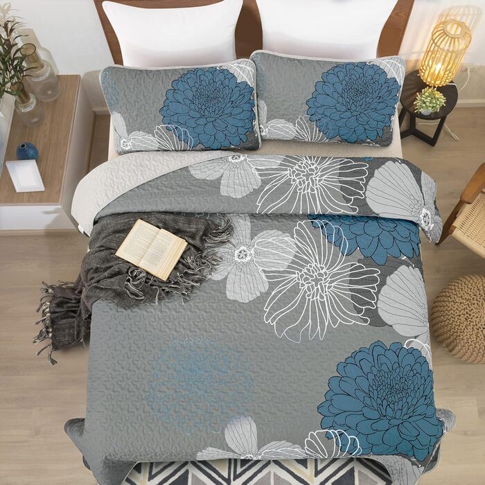 Tagesdecke WONGS BEDDING 220x240 см з квітами: тепла літня ковдра для двоспального ліжка з мікрофібри та 2 наволочками 48x75 см