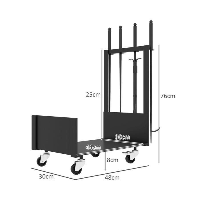 Стійка для дров Outsunny 48 x 30 x 76 см з колесами, мітла, совок, кочерга, щипці, гак для дров, полиця для дров для вулиці, приміщення, метал, чорний | Aosom