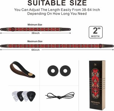Гітарний ремінь Nefelibata: 2 шт., вишиті, з повним шкіряним краєм, прихованою кишенею, для бас-, електро- та акустичних гітар, безкоштовна пряжка, замок та медіатори. Червоний ретро-квітка