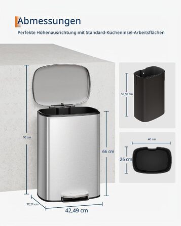Набір металевих смітників GarveeHome (50л + 10л) з педаллю та кришкою, кухонне відро зі сталі з внутрішнім контейнером, колір нержавіюча сталь