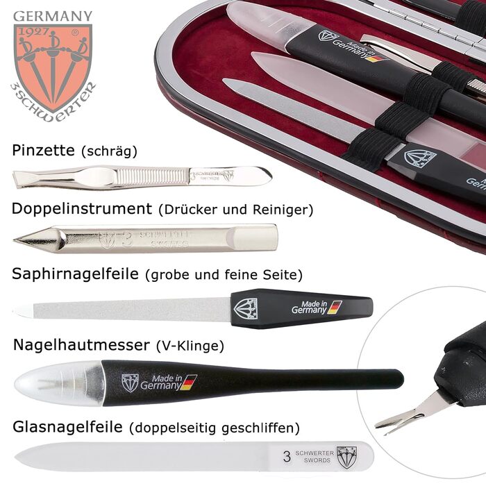 Набір манікюру DREI SCHWERTER 'Vittoria' 7 предметів | Німецька якість, етикет з штучної шкіри бордового кольору | Манікюрний набір з ножицями, щипцями, пилочкою, ножем для кутикули та іншим