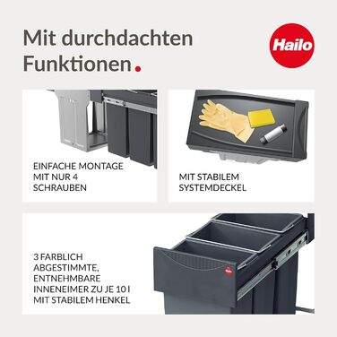 Вбудований сортер для сміття Hailo Terzett 3666131 - 3 секції, 10 л, повний висув, для шафок з дверцятами, сірий