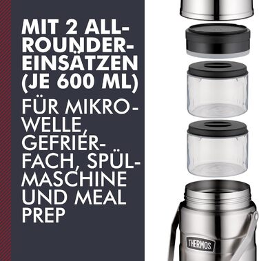 Thermos STAINLESS KING FOOD JAR 1.2l, steel. Stainless steel food container with inserts and handle, 12 hours hot / 24 hours cold, for noodles, soup, muesli. Large food container 1.2 l with handle and versatile inserts.