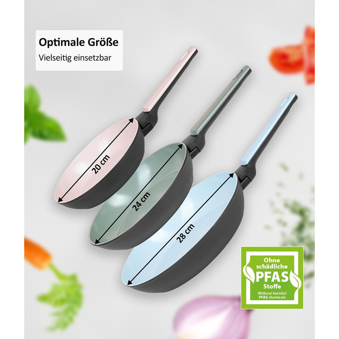 Набір сковорідок Genius Cerafit Trend Pastell Edition (3 шт.): 20 см, 24 см, 28 см. Покриття Cerafit, підходить для індукції, для смаження м'яса, овочів, панкейків та крепів.