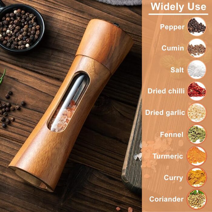 Auciej Salt and Pepper Grinder Wooden Set, Manual Pepper Grinder, Ceramic Grinding Mechanism, Spice Grinder, Salt Grinder with Coaster, Adjustable for Spices, Pepper, Salt, 2-Piece Set, 20 cm