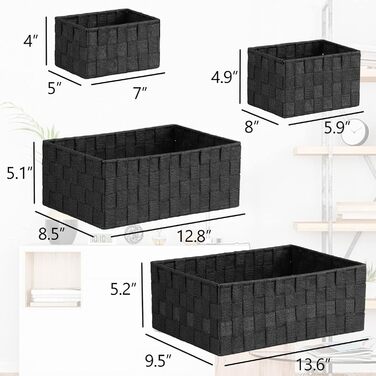 Posprica Drawer Organizer, Handwoven Storage Boxes Closet Divider for Desk, Dresser, Drawers, Cabinets, Cosmetic Organization, 4-Piece Set (Black, 6 Pieces)