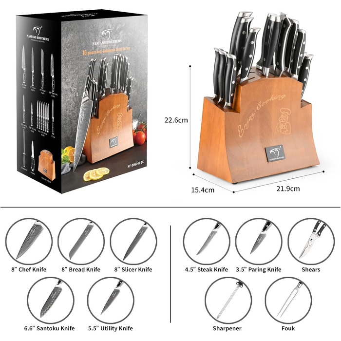 Nanfang Brothers 18-Piece Damascus Kitchen Knife Set with Hammered Handles & Wood Block - Premium Quality Steel Blades