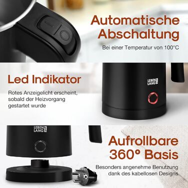 Електричний чайник для подорожей LEBENLANG Edelstahl 500 мл - нержавіюча сталь, BPA-Free, 600W, білий, енергоефективний, 0.5 л, для кемпінгу та подорожей (чорний)