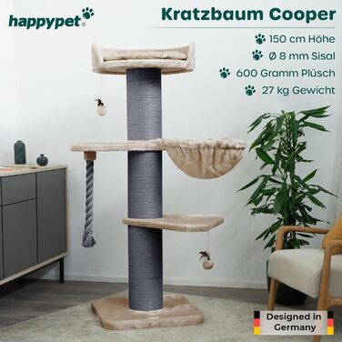 HAPPYPET Преміум Дряпак для котів 'Купер' – 150 см, великий, з натурального сизалю, для Мейн-куна, товщина стовпів 20 см (капучино)