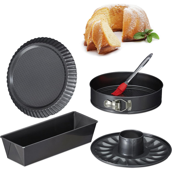 Набір для випічки Relaxdays 5-ти частинний: форма для випічки 26 см з трубчатим дном, кексова форма, форма для пирога з фруктами, пензлик для випічки, сталь, антрацит