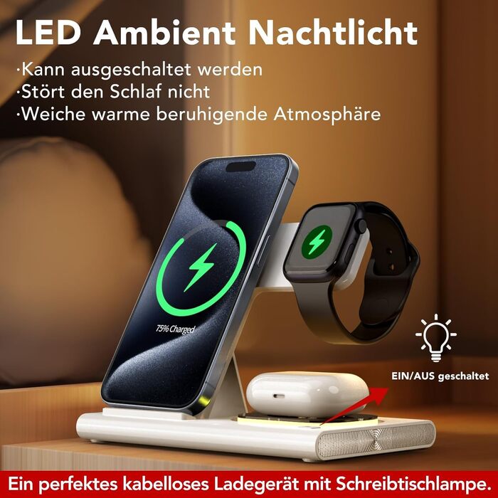 Бездротова зарядка Aimtel 3-в-1 з нічними ліхтариками, сумісна з iPhone 17/17 Pro/17 Pro Max/17 Air та Apple Watch. Підходить для AirPods Pro/4/3/2