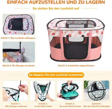 Портативний вольєр для цуценят та котів ALLSOPETS - складаний, для дому, вулиці, подорожей (Рожевий з полуничками, M)