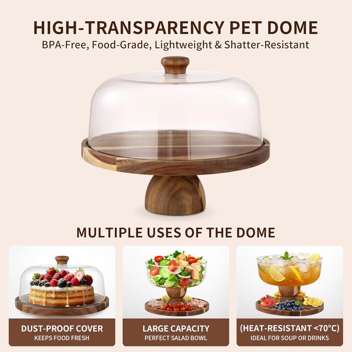 Дзеркальний підставка для тортів 30 см з дерева | Подвійна тортівниця з ніжками та кришкою (PET) | Тортниця-дзвіночок | Універсальна підставка для тортів на весілля, день народження, чаювання