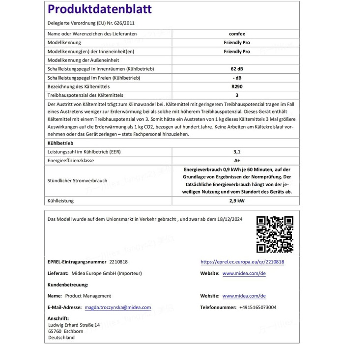 Мобільний кондиціонер Comfee Breezy Cool Pro 2.0, 7000 BTU (2kW), охолодження, вентиляція, осушення, керування через додаток, для приміщень до 68 м³
