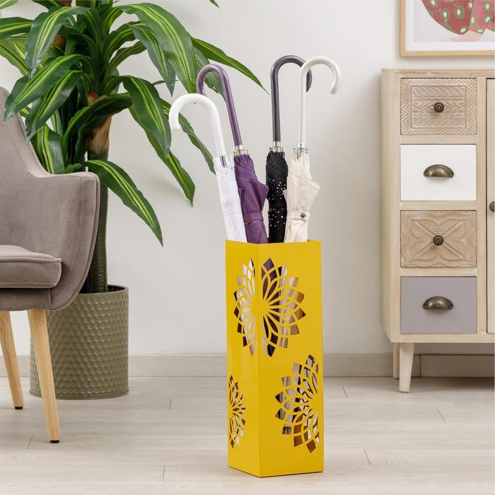 Підставка для парасольки Baroni Home з сучасним дизайном, металева з мандалою, 2 гачки та знімна ємність для збору води, 16 x 16 x 49 см, зелений (жовтий)