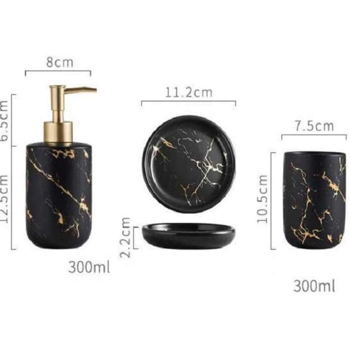 Набір аксесуарів для ванної кімнати FülleMore (4 шт.) з кераміки, імітація мармуру. Включає дозатор для мила (300 мл), мильницю, тримач для зубних щіток/склянку. Чорний колір.